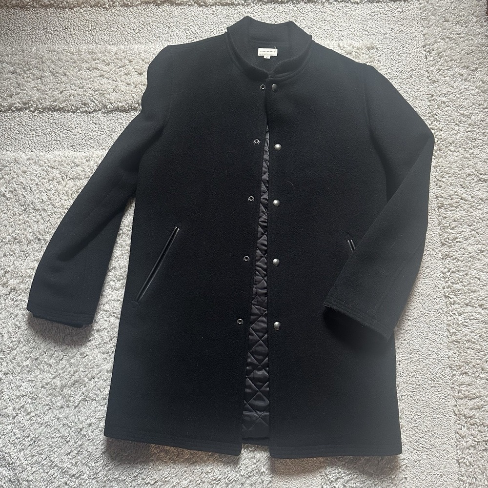 Club Monaco Black Wool Varsity Bomber Coat Mens Small Quilted Lined Snap Front